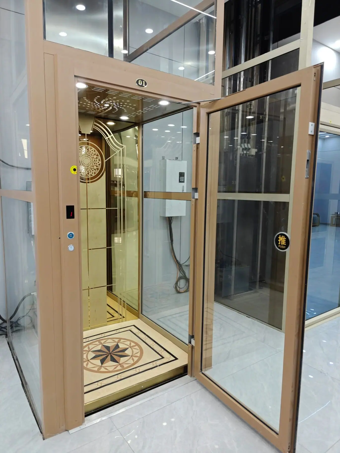 Levitex Plus hydraulic home lift with a champagne frame and its glass door open.